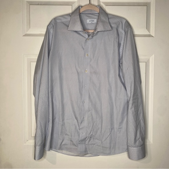 ETON Slim Fit Button Front Cotton Dress Shirt Size 44/17.5 Blue White Floral